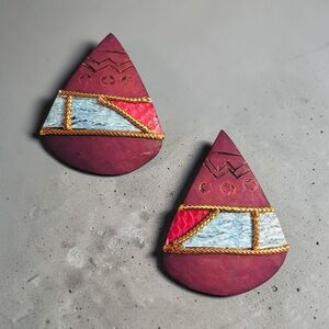 Contemporary Burgany/Purple Geometric Post Earrings with Gold Disc Accent